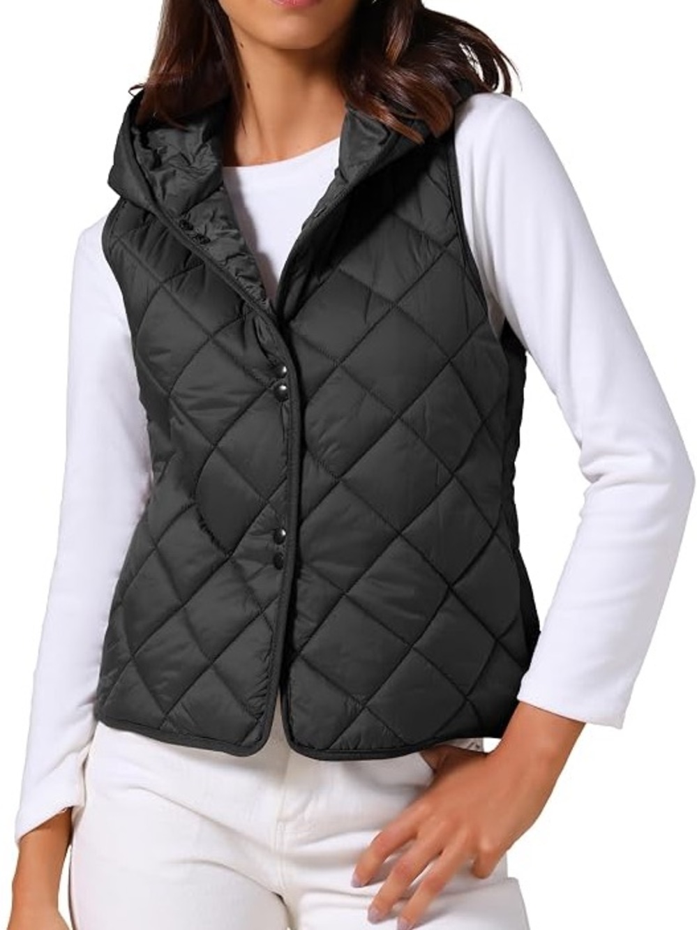 #79 NWT Allegra K Women Casual Quilted Button Down Hooded Puffer Vest Size M